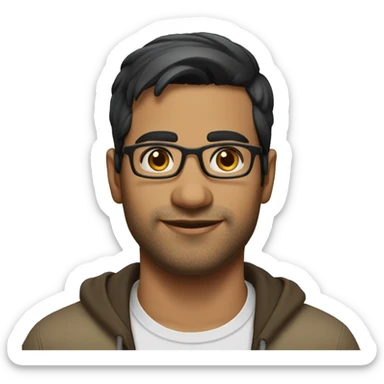 A head and shoulders shot of a 31 year old South Asian man, with short black hair, with none facial hair,  wearing glasses with brown eyes wearing a t-shirt. sticker