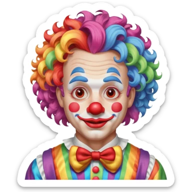 Middle-age man with Curly rainbow hair of clown — soft pastel curls tied high sticker