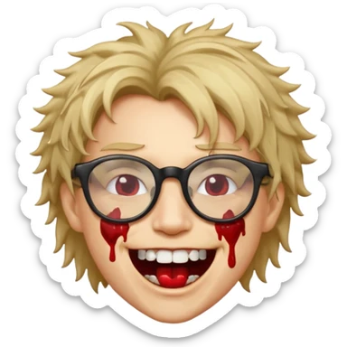 Cabelo bagunçado com oculos sorrindo com metade do rosto com dente de ouro e saindo sangue da boca  sticker