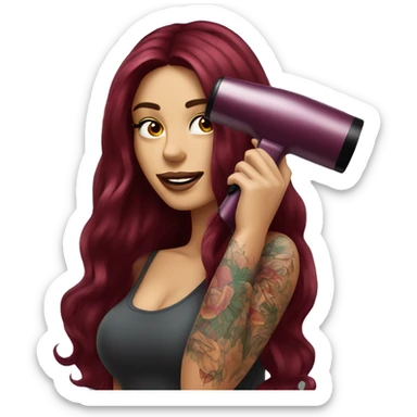 Beautiful tattooed  burgundy long haired woman blow drying her hair sticker