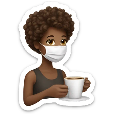 short curly brown hair girl with face mask on sipping coffee sticker