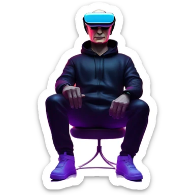 Vladimir Putin wearing a black hoodie with "OMG" letters on it and VR headset oculus quest 2 in a cyberpunk VR environment with violet neon lighting. sticker