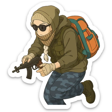 1 female, long white braid, knit cap, dark sunglasses, shemegh neckwrap, fishing vest, vibrant shool backpack, drab hoodie, handwraps, blue camo pants, tactical reload of a VZ-64 Scorpion, hunched over, on the move sticker