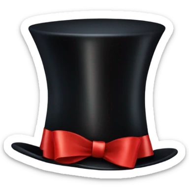 A black top hat displaying a red ribbon around the base. The ribbon forms a visible bow at the front, with the ends falling slightly over  sticker