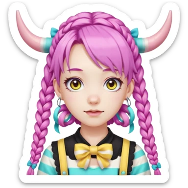 En anime-ku-jente med to rosa lange tykke fletter og cyan striper i håret, ku-horn og ku-ører, sort BH-topp over en gul cropped-fleece-blouse, lilla øyne, søt sløyfe på halsen  sticker