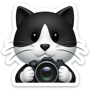 Upper portion of a black and white cat taking a picture sticker