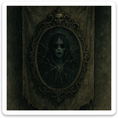 creepy banner, cursed mirror with ghostly reflection and shattered glass, supernatural horror style sticker