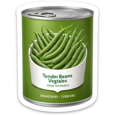 metal can with simple label open top showing tender green beans inside cut into even lengths moist slightly glossy packed in light brine muted green color soft texture cooked preserved vegetables no fork bowl branding just opened can soft lighting subtle shadows emoji scale sticker