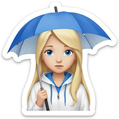 Cinematic realistic emojis in the form of a blonde girl with long hair, blue eyes, wearing a white hoodie, holding an umbrella over her sticker