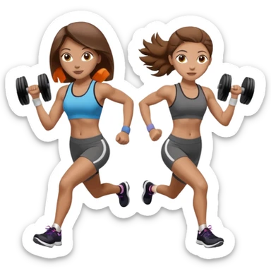 two women. the left one is running. the right one is lifting weights. they have brown hair, light skin, hazel eyes. sticker