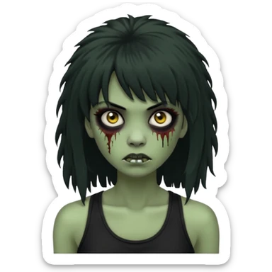 a female zombie with sage green skin, black long afro hair with bangs, and a black tank top  sticker