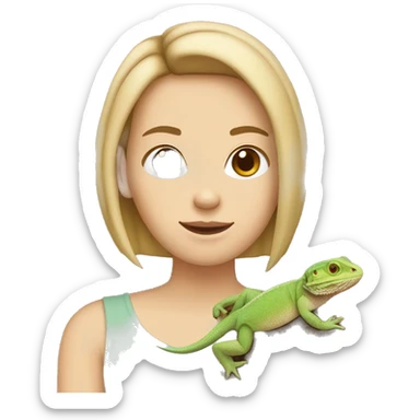white girl with brown bob haircut holding bearded dragon lizard  sticker