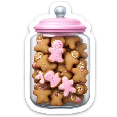 Realistic glass cookie jar with light pink lid full of gingerbread cookies isolated.  sticker
