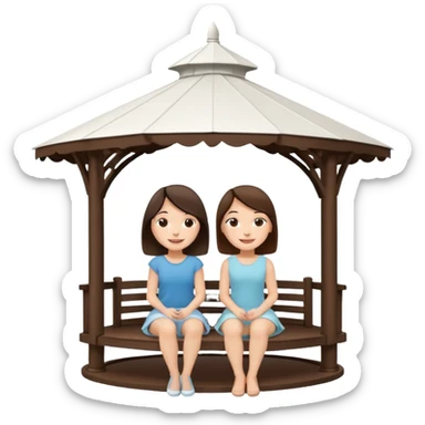 Two small brunette women sitting under a large white gazebo sticker