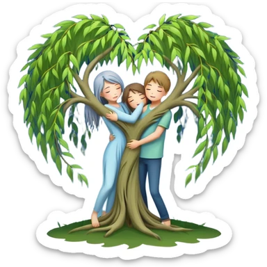 heart-shaped weeping willow tree surrounding two friends hugging in a comforting way, supportive embrace, with a blue moon rising behind the tree sticker