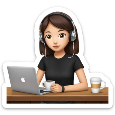 A Korean girl at a dive bar with a laptop and headphones on holding a cup of coffee sticker