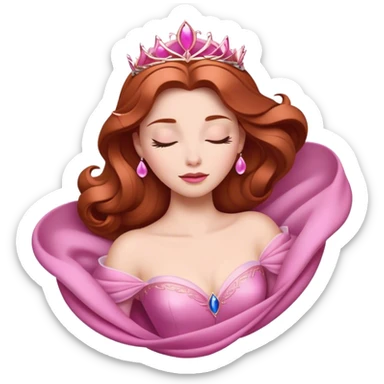 Cinematic Majestic Sleeping Beauty Portrait Emoji, rendered in a clean, vector-style with bold, simplified shapes. Show Aurora with a serene, noble expression, luminous porcelain skin, and elegantly flowing auburn hair, dressed in an opulent pink ball gown. The design radiates a majestic, enchanted glow with high shine and a soft glowing outline, embodying classic royal elegance. sticker