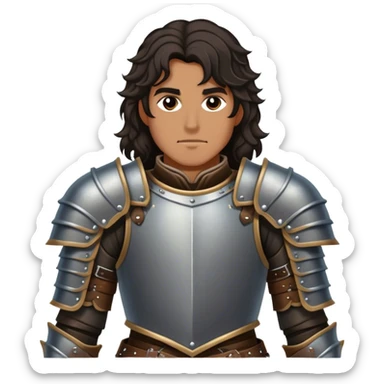 medieval battle armor worn by a DnD themed fantasy character. basic studded leather armor with reinforced shoulder guards. armor only above the waist. The armor full waist. The character's haven't arms. character is black hair brown eyes long wavy hair tan-skinned man. sticker