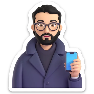 professional man standing upright, wearing black coat, with medium black beard, neat black hair, connected unibrow, olive tan skin, brown eyes, glasses, prominent nose, holding a smartphone sticker