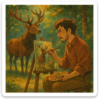 a man painting an elk, unique artistic style, detailed, expressive, warm colors sticker