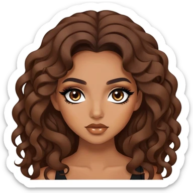 tan skin, loose brown curls, baddie,pretty, makeup, black eyeliner, long hair sticker