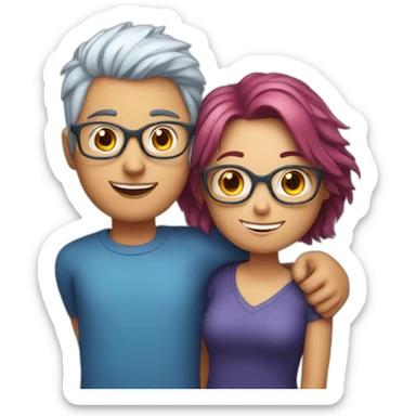 a boy with silver hair and a curvy girl with red hair and blue glasses hugging sticker
