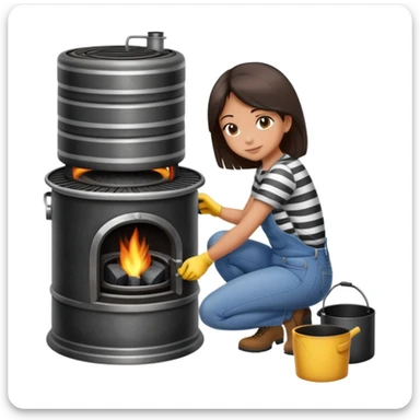 Metal cylindrical coal stove with a girl cleaning it while kneeling, seen from behind, wearing jeans and a striped shirt sticker