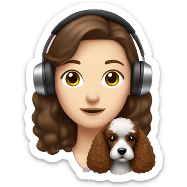 White girl, dark hair in headphones with brown poodle sticker