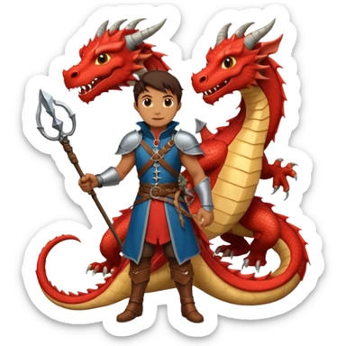 a dragon tamer with a whip in his hand in medieval time with a dragon next to him sticker