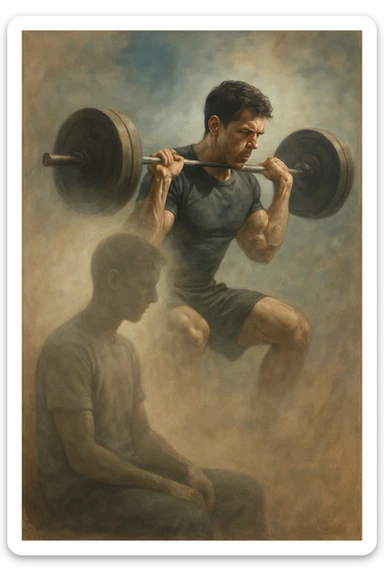 realistic style, person sitting imagining themselves training with weights, dreamlike scene, detailed realism, 2:3 aspect ratio sticker