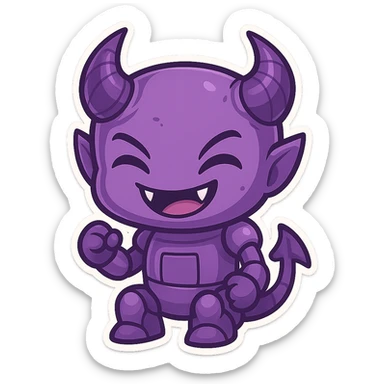 purple demon bot, chibi style, mischievous grin, tiny fangs sticker