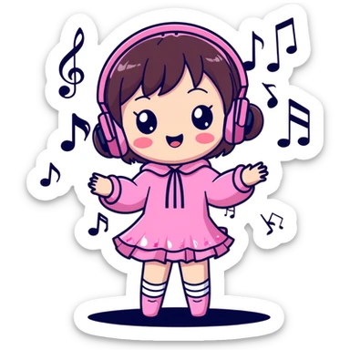 Cute little brunette anime girl wearing sparkly pink singing a song on stage with music notes all around   sticker
