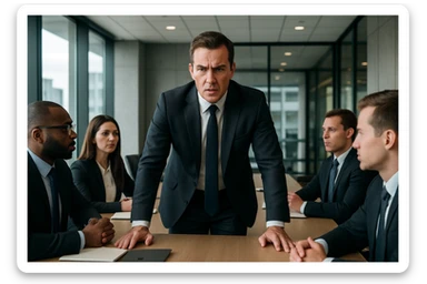 a dominant man leading a meeting in a business setting, assertive expression, business attire, confident and authoritative presence sticker