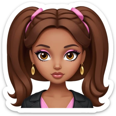 pretty bratz girl, brown hair, dark brown eyes, black eyeliner, brown skin, coquette style, girly sticker