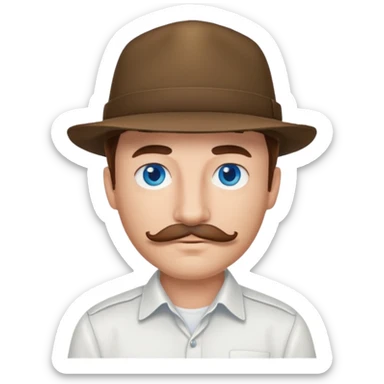 Justin Jeffre blue eyes, brown hair and mustache, white shirt and hat sticker