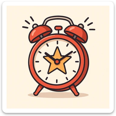 flat-style vector illustration of a classic red alarm clock with twin bells on top, featuring a bold star logo in the center of the clock face, minimalistic and modern, clean lines, soft shadows, ringing motion lines around the bells, light or neutral background to highlight the red and star symbol sticker