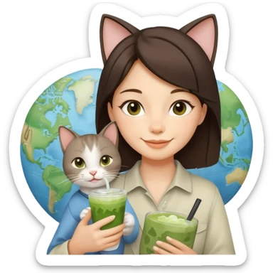 a brunette woman in here 30S drinking an iced matcha, carrying a grey cat and a map of the world sticker