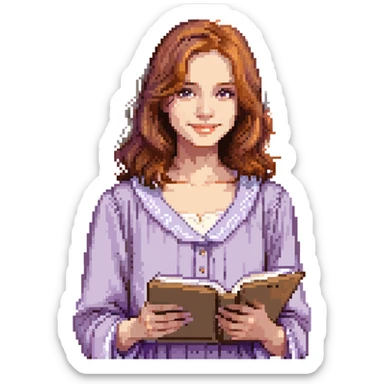 Calm female artist, Caucasian features, shoulder-length auburn hair, soft brown eyes, gentle smile, wearing a violet smock over a light beige top, holding a sketchbook close to chest, waist-up, front-facing sticker