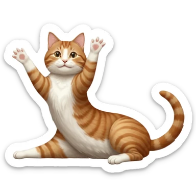 brown tabby and white cat with doing a big extremely long stretch reaching up into the air with arms and legs side by side together straight and overextended whilst lying on its side sticker