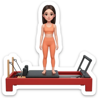 A girl rock brats down doing reformer Pilates, she is wearing a pastel orange fit and she has dark straight and monster high toraley sticker