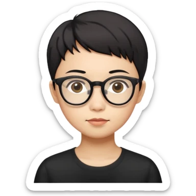 singapore chinese, black very short hair, wear black frame glasses, relatively thin, pokey face sticker