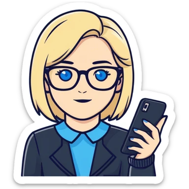 Photo of a white woman with blonde hair, blue eyes and glasses holding a phone sticker