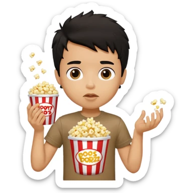 generate a pretty tan bratz boy with a brown tshirt on. eating popcorn. messy black hair sticker