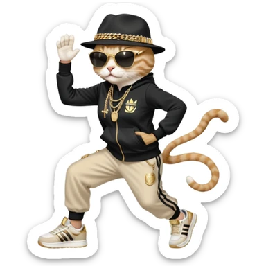 female cat dressed like Run DMC in tracksuit, fedora, Adidas shoes, dark sunglasses, lots of gold chains and bling accessories, break dancing sticker