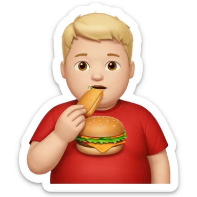 fat boy eating burger wearing red T-shirt sticker