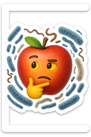 EMOJI STILE IPHONE DI una mela con espressione dubbiosa che intorno ha dei batteri intestinali, IPERREALISTICO 4K sticker