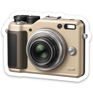 Ultra minimal Olympus Superzoom 70G camera, grayish-beige color, just basic rectangular shape with a tiny circle for lens, absolute minimum details sticker