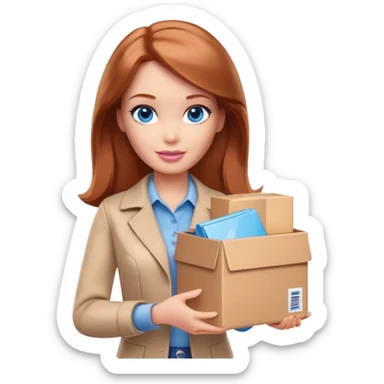 Barbie, eyes are blue, shoulder-length reddish-brown hair, holds a package box, Barbie is wearing beige and brown colored clothes sticker