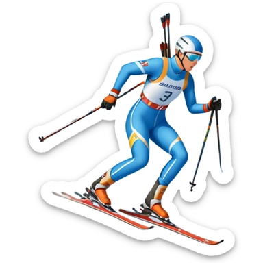 An icon featuring a biathlete in motion, holding a rifle and skiing across a snowy course. The backdrop includes snow-covered trees, distant mountains, and a clear blue sky. Transparent background highlights the precision, endurance, and excitement of biathlon. sticker