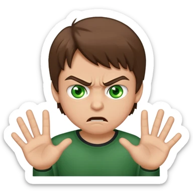 Boy 10 years old, with overgrown brown hair with green eyes, angry, shows fuck sticker